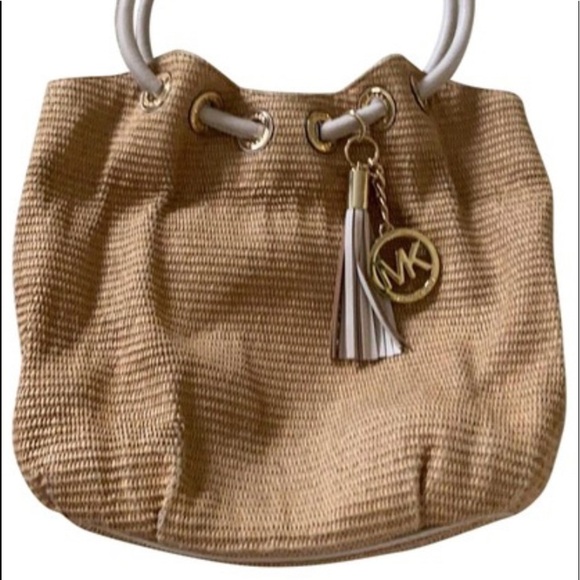 KORS Michael Kors Handbags - Michael Kors Straw bag with off white leather and gold MK logo and tassel